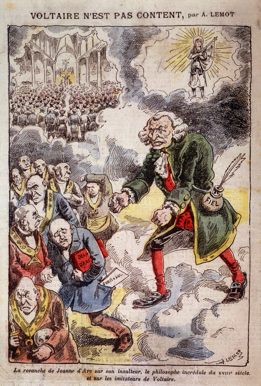 Voltaire er ikke fornøyd med Achille Lemot (1846-1909) - Karikatur på Francs Macons - i "Pelerin" 25/04/1909 (gravering) av Achille Lemot