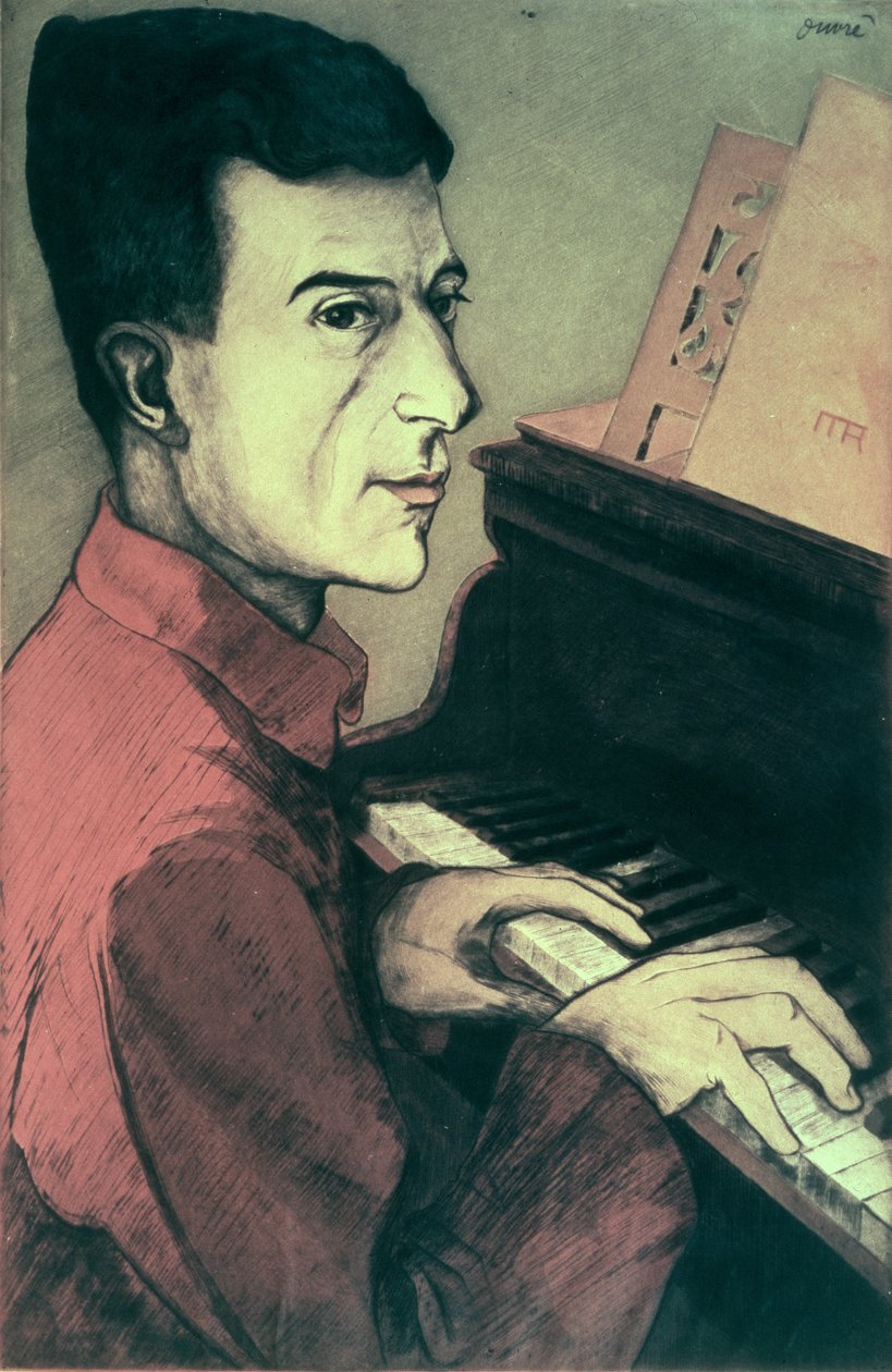 Portrett av Maurice Ravel som spiller piano av Achille Ouvré