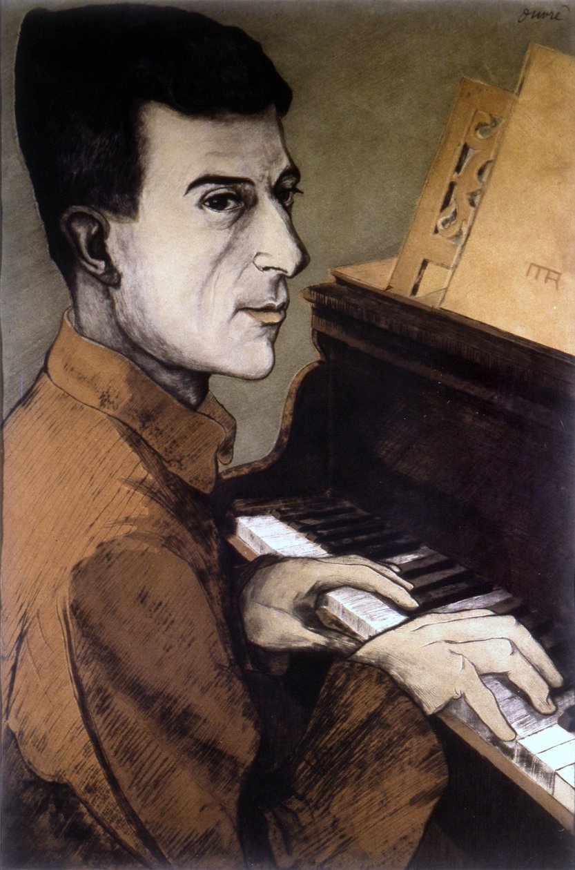 Portrett av Maurice Ravel på piano - litografi av Ouvré av Achille Ouvré
