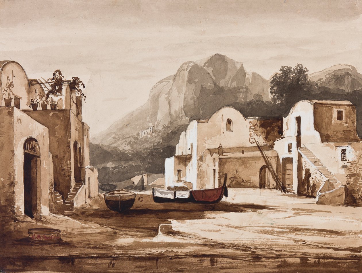Napolitansk kystlandsby, muligens Capri med Monte Solaro, med tillegg av prins Alfonso Maria di Borbone (1841-1934) (blyant, sepiavask og gouache på papir) av Achille Vianelli
