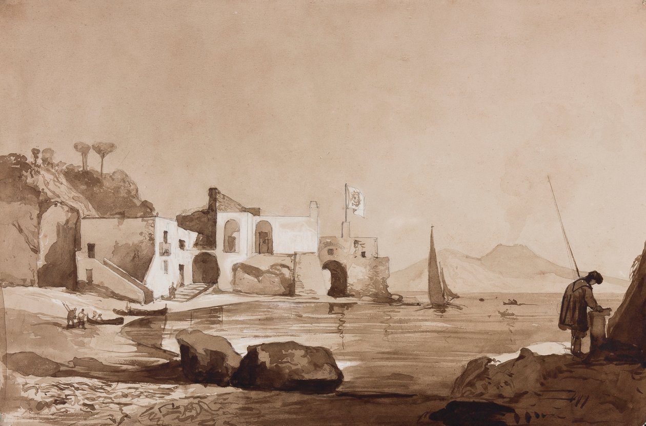 Havn som fører Borbone-flagget med Vesuv i sør, med tillegg av en Borbone-elev (blyant, sepiavask og gouache på papir) av Achille Vianelli