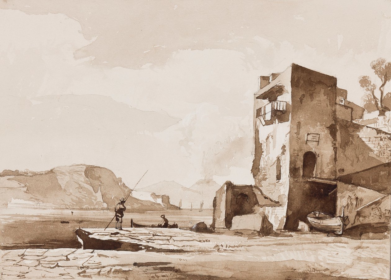 Muligens utsikt fra Posillipo, med Vesuv i det fjerne, med tillegg av en Borbone-elev (blyant og sepia-vask på papir) av Achille Vianelli