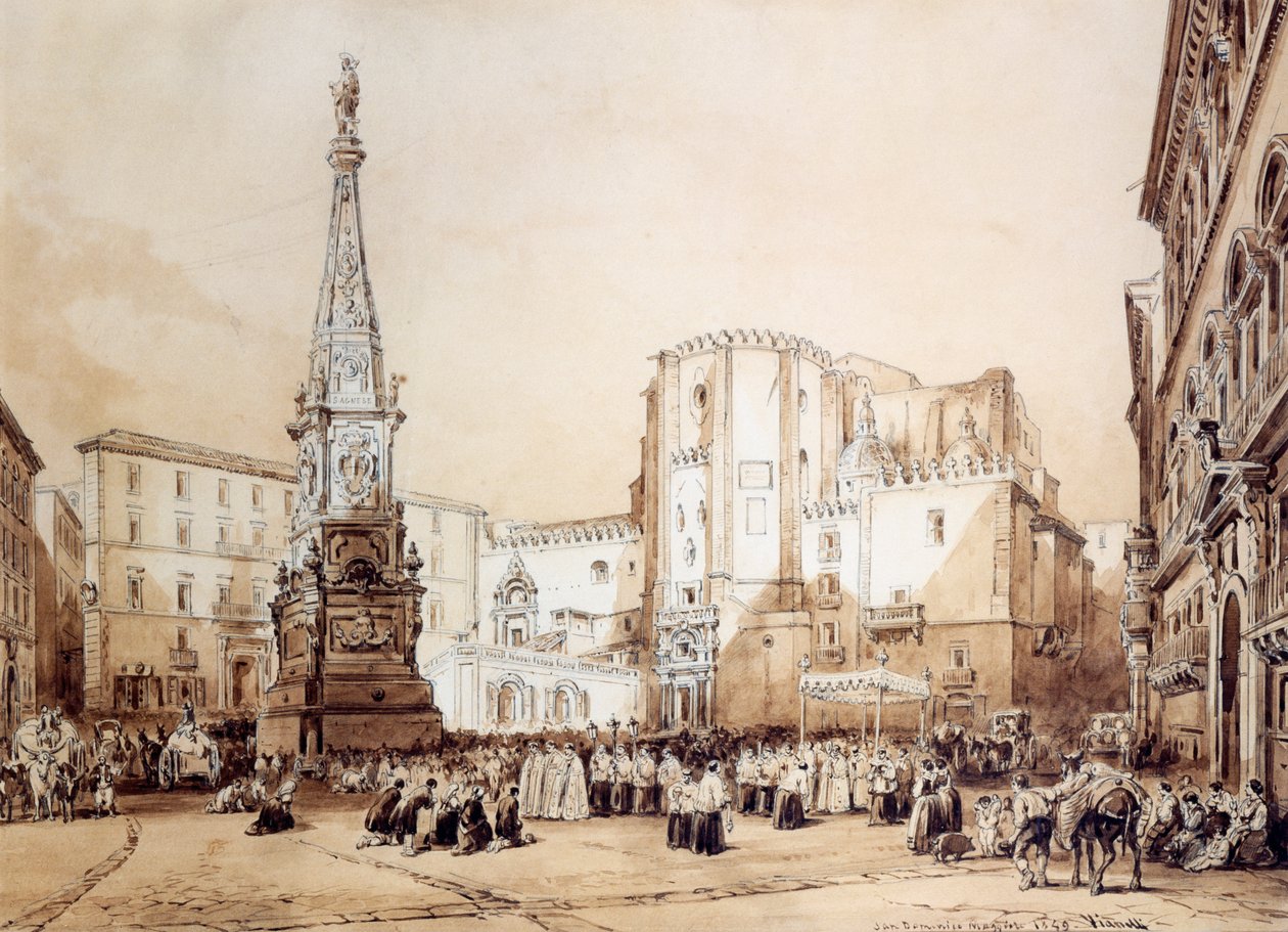 Prosesjon på Piazza San Domenico Maggiore i Napoli av Achille Vianelli