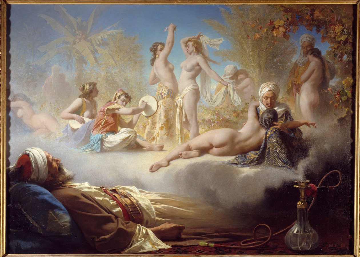 Den troendes drøm En muslim sover etter å ha røyket den narguile drømmen til orientalske dansere. Maleri av Achilles Zo (1826-1901) 1800-tallets søn. 1,04x1,58 m Bayonne, Musee Bonnat av Achille Zo