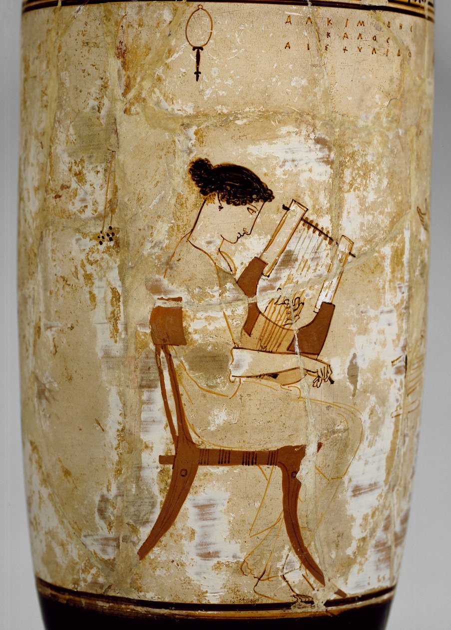 Attic white-ground lekythos med bilde av kvinnelige musikere, 5. århundre f.Kr av Achilles Painter