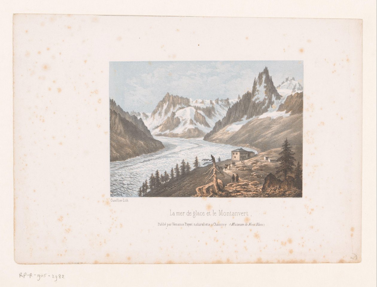 Utsikt over isbreen Mer de Glace og Montanvert i Chamonix-dalen La mer de glace et le Montanvert (tittel på objekt) Utsikt over Mont Blanc og Chamonix (serietittel) Museum du Mont Blanc (serietittel på objekt) av Ad. Cuvillier