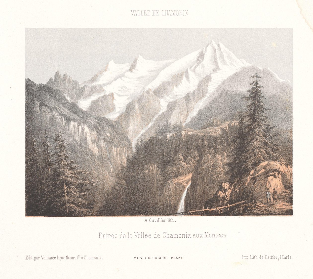 Utsikt over Chamonix med Mer-de-Glace-breen og Aiguille du Dru Chamonix, le Glacier des Bois, et le Dru (tittel på objekt) Minner om Chamonix-Mont-Blanc (serietittel) Museum du Mont-Blanc (serietittel) av Ad. Cuvillier