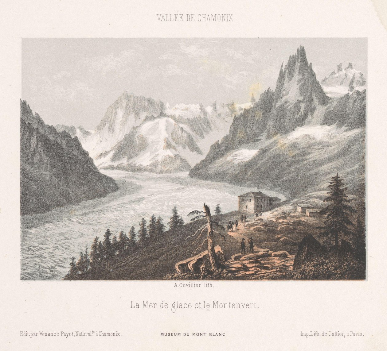 Utsikt over Le Chapeau ved Mer-de-Glace-breen Le Chapeau (tittel på objekt) Minne om Chamonix-Mont-Blanc (serietittel) Museum du Mont-Blanc (serietittel på objekt) av Ad. Cuvillier