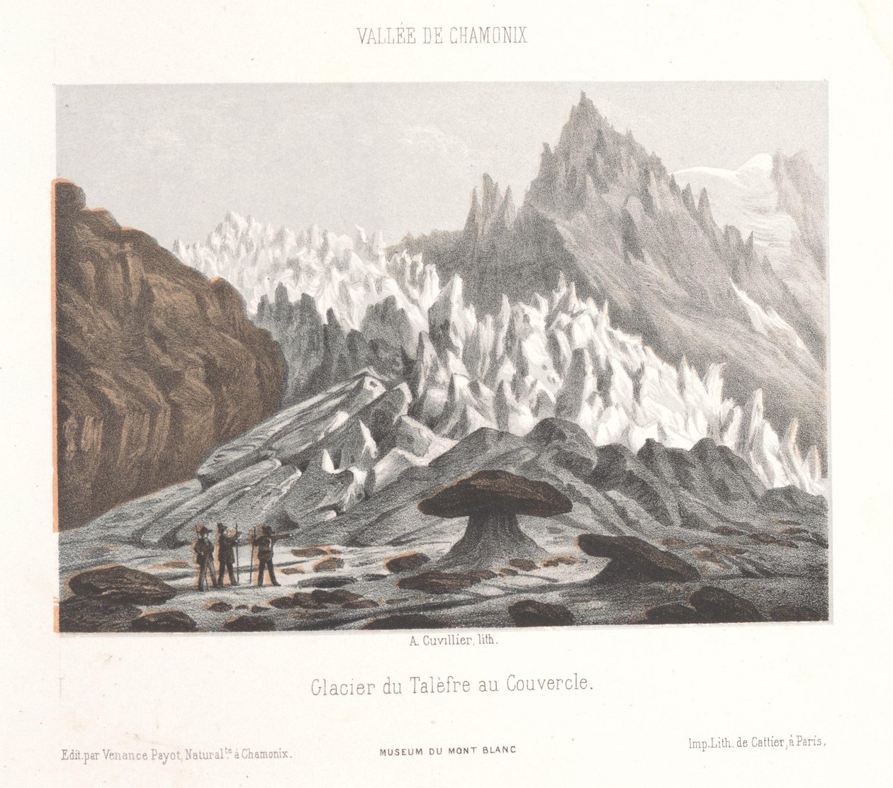 Utsikt over Couvercle-steinen ved Talèfre-breen Glacier du Talèfre au Couvercle (tittel på objekt) Minne om Chamonix-Mont-Blanc (serietittel) Museum du Mont-Blanc (serietittel på objekt) av Ad. Cuvillier