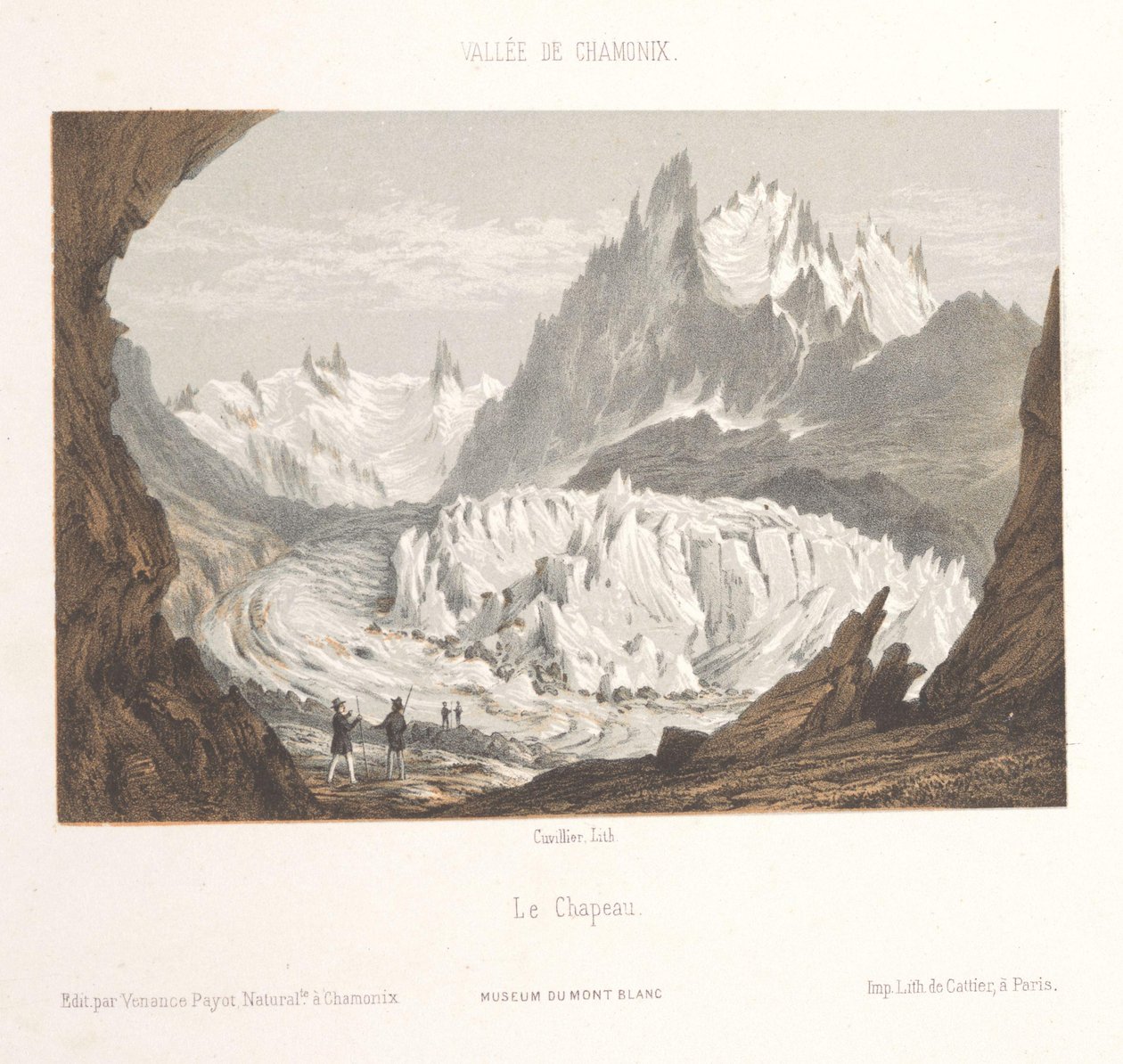 Utsikt over Mer-de-Glace-breen nær Les Bois og Les Tines Claciers des Bois, depuis les Tines (tittel på objekt) Memory of Chamonix-Mont-Blanc (serietittel) Museum du Mont Blanc (serietittel) av Ad. Cuvillier