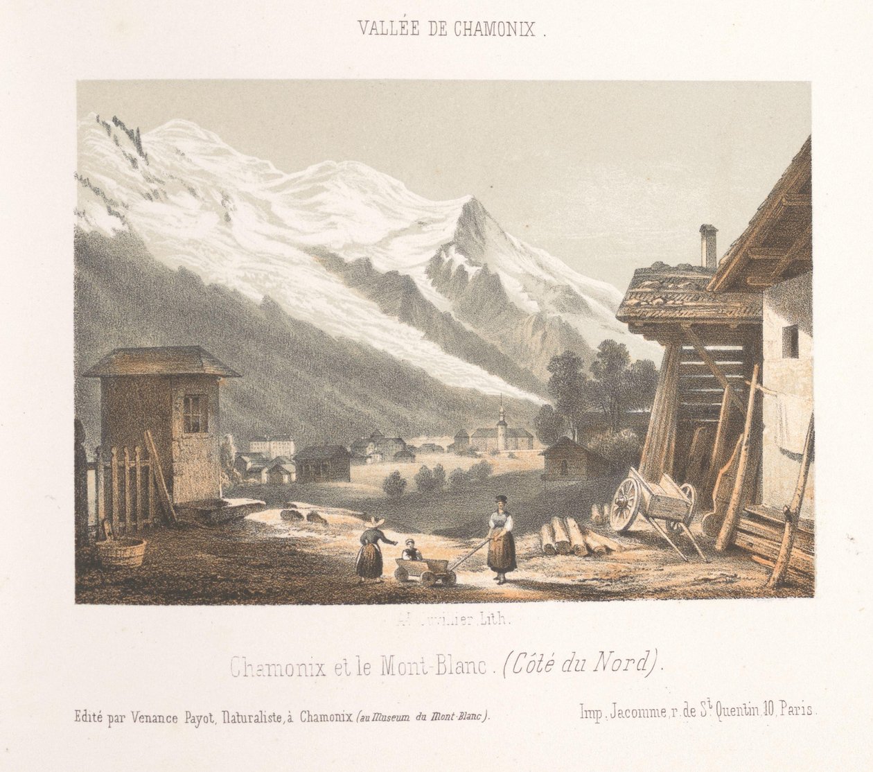 Zicht op de valley av Chamonix fra de pas Les Montées Inngang til Chamonix-dalen ved Montées (tittel på objekt) Herinnering i Chamonix-Mont-Blanc (serietittel) Museum of Mont-Blanc (serietittel på objekt) av Ad. Cuvillier
