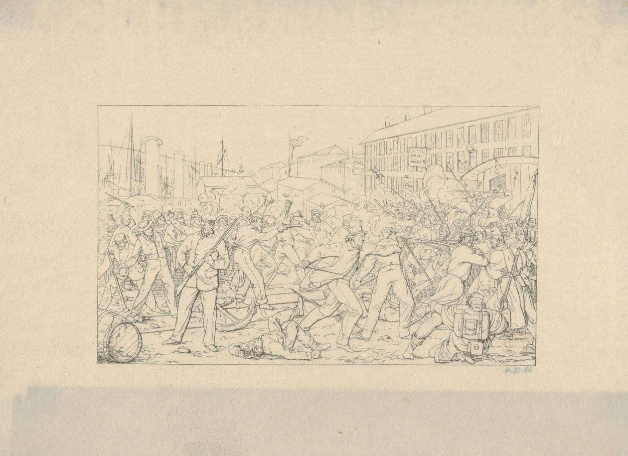 Slaget i Baltimore, 19. april 1861 fra Confederate War Etchings, 1861-63. av Adalbert John Volck