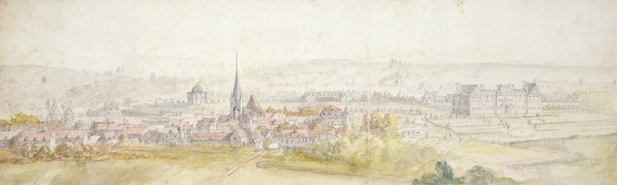 Fjern utsikt over en by med et slott til høyre (wc og grafitt på papir) av Adam Frans van der Meulen