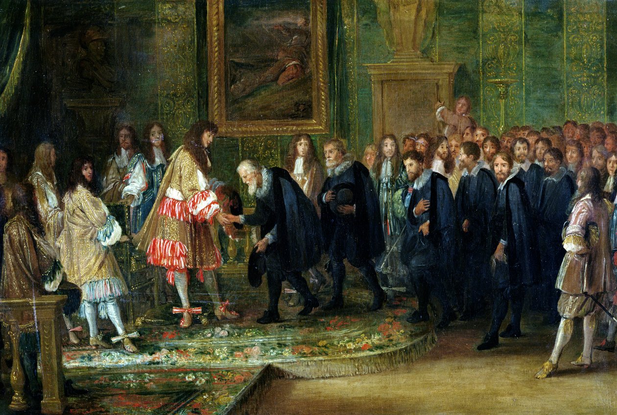 Mottakelsen av ambassadørene for de tretten sveitsiske kantonene av Louis XIV (1638-1715) ved Louvre, 11. november 1663, 1664 av Adam Frans van der Meulen
