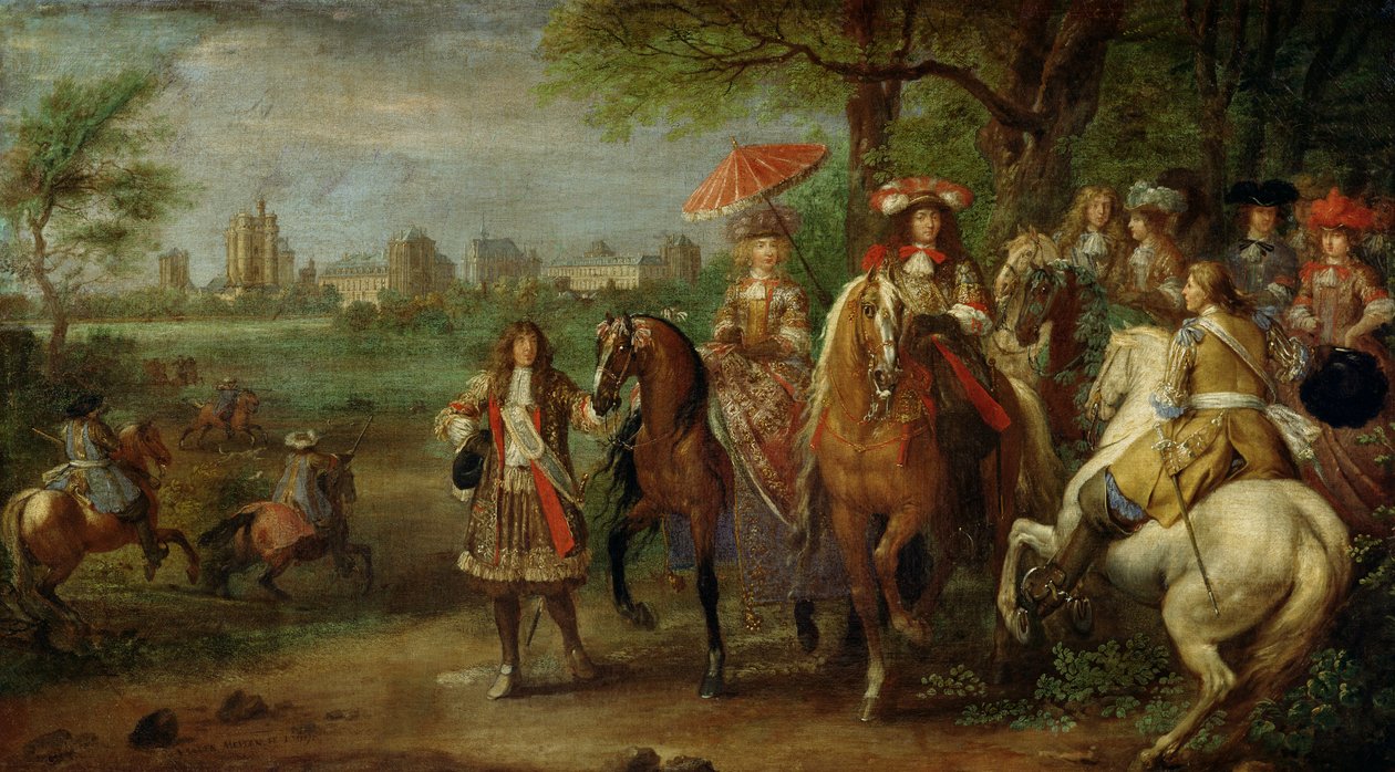 Utsikt over Chateau de Vincennes med Louis XIV (1638-1715) og Maria Theresa (1638-83) av Østerrike, 1669 av Adam Frans van der Meulen