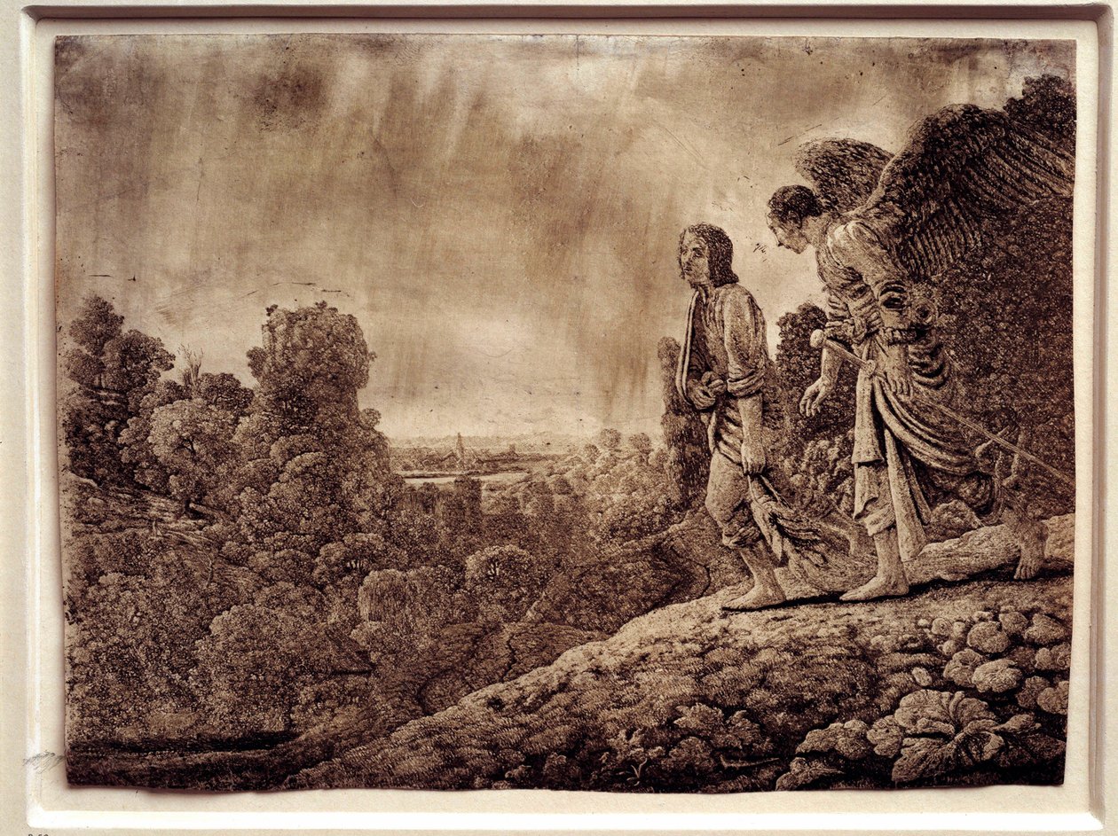 Tobie og engelen. Sterkt vann på kobber av Hercules Seghers (1590–1638) av Adam (after) Elsheimer