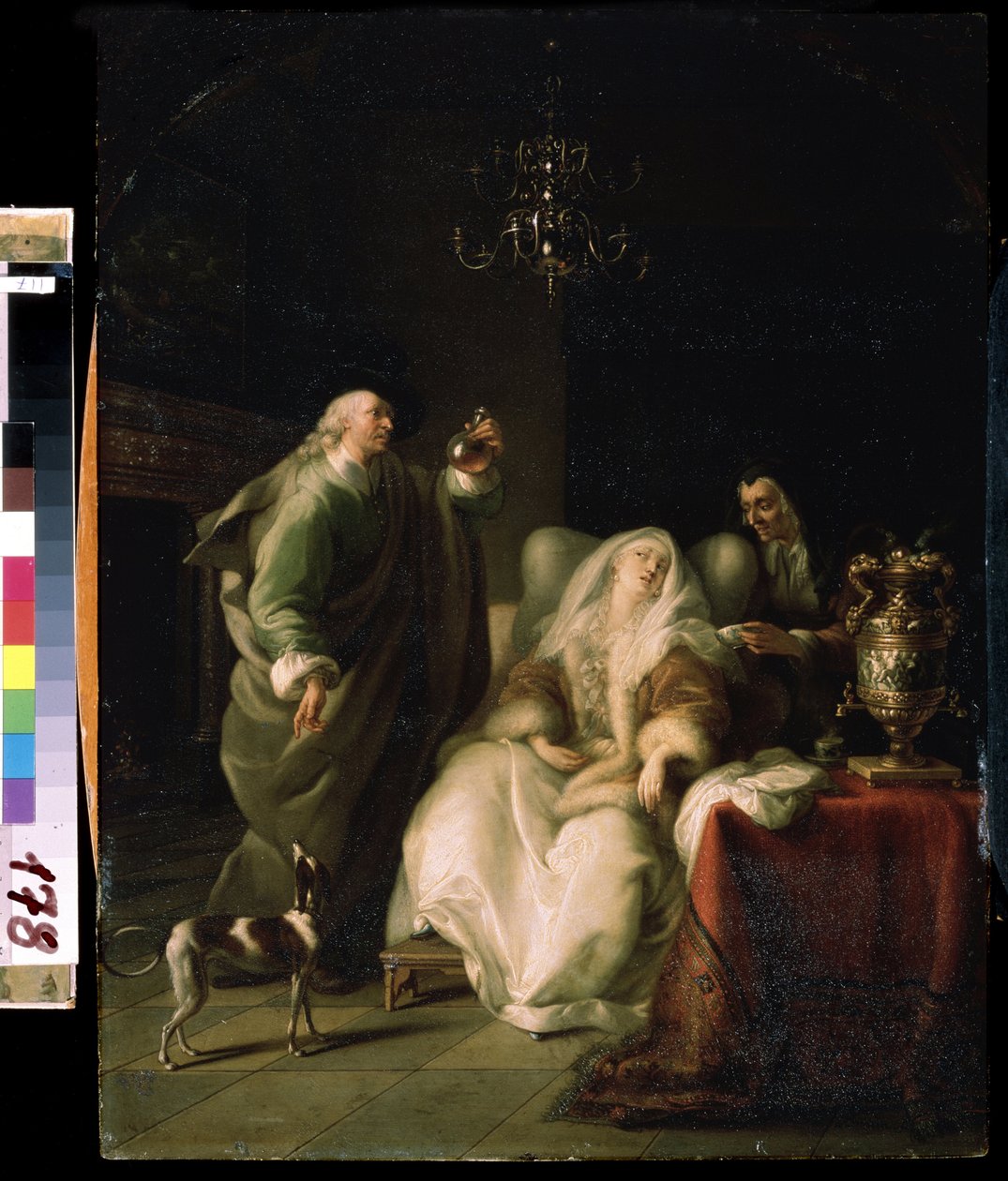 ""La consultation du medecin"" (Syk kvinne og en lege) Legen undersøker et hetteglass med urin under konsultasjonen av en syk dame. Maleri av Adam Braun (1748-1827) Mikhail Kroshitsky kunstmuseum, Sevastopol (Sevastopol) Ukraina av Adam Braun