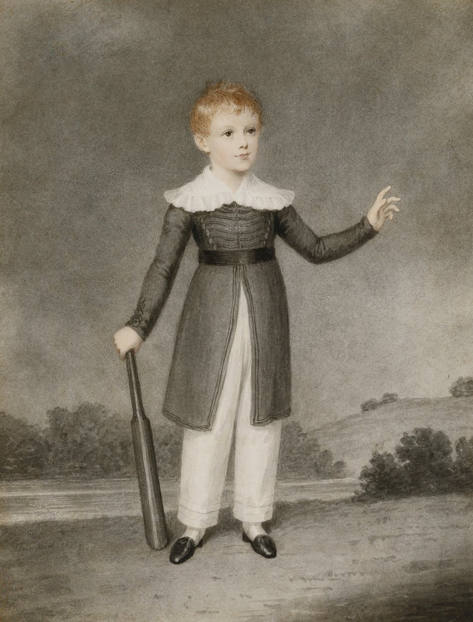 Portrett av Edward Currie som holder en cricketflaggermus, 1830 av Adam Buck