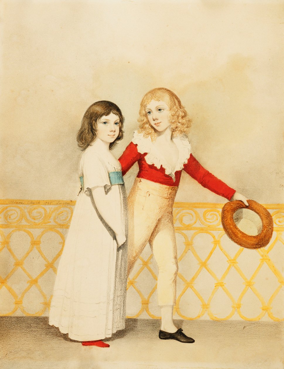 Portrett av William Bellingham Budworth og hans søster Emma Mary, Small Full Length, on a Balcony, 1795 av Adam Buck