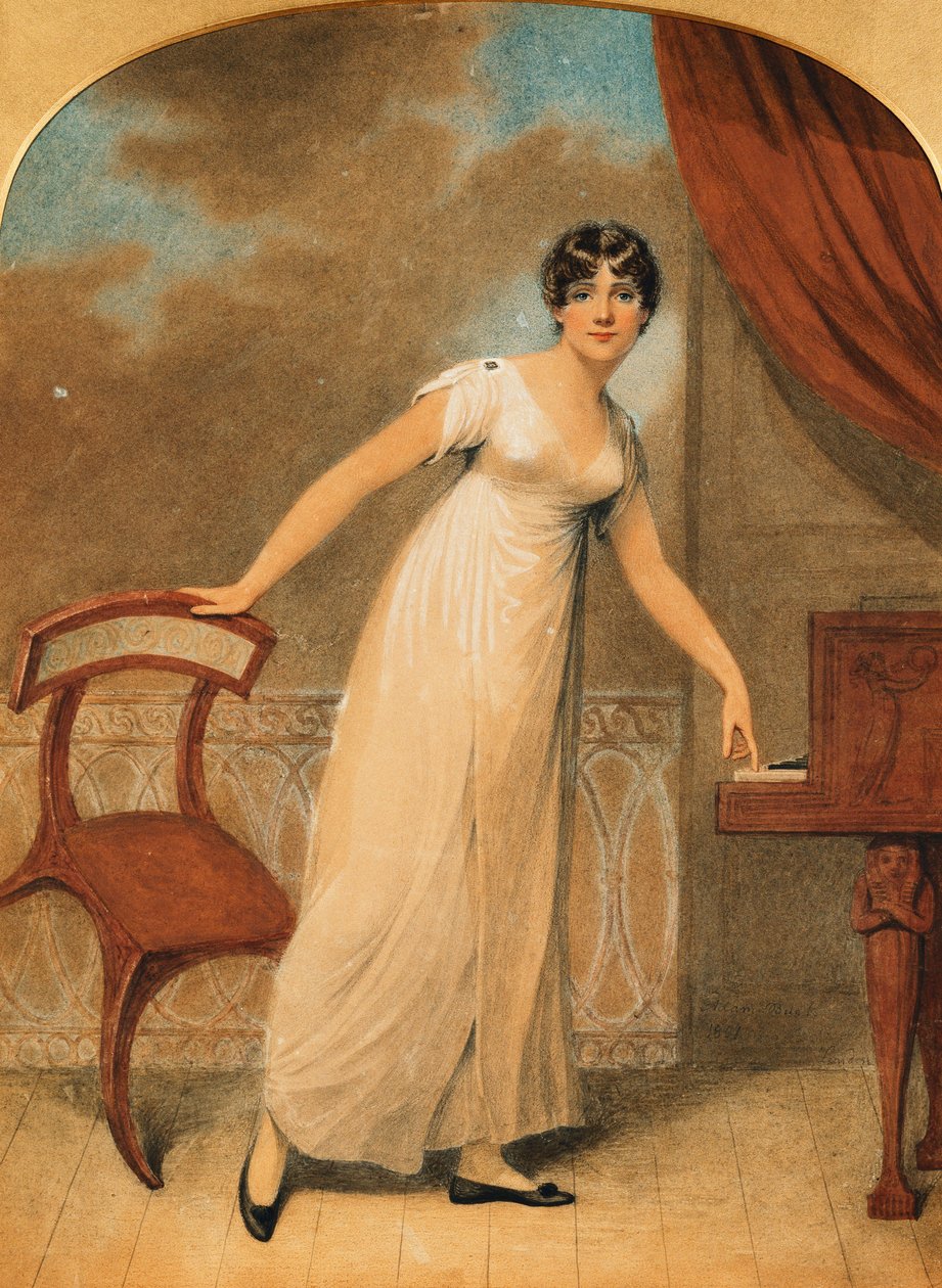 Portrett av en dame, stående i full lengde i en hvit kjole av et piano, 1801 av Adam Buck