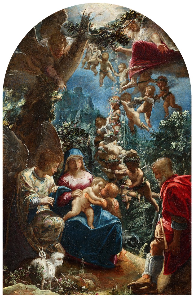 Den hellige familie med engler og gutten Johannes av Adam Elsheimer