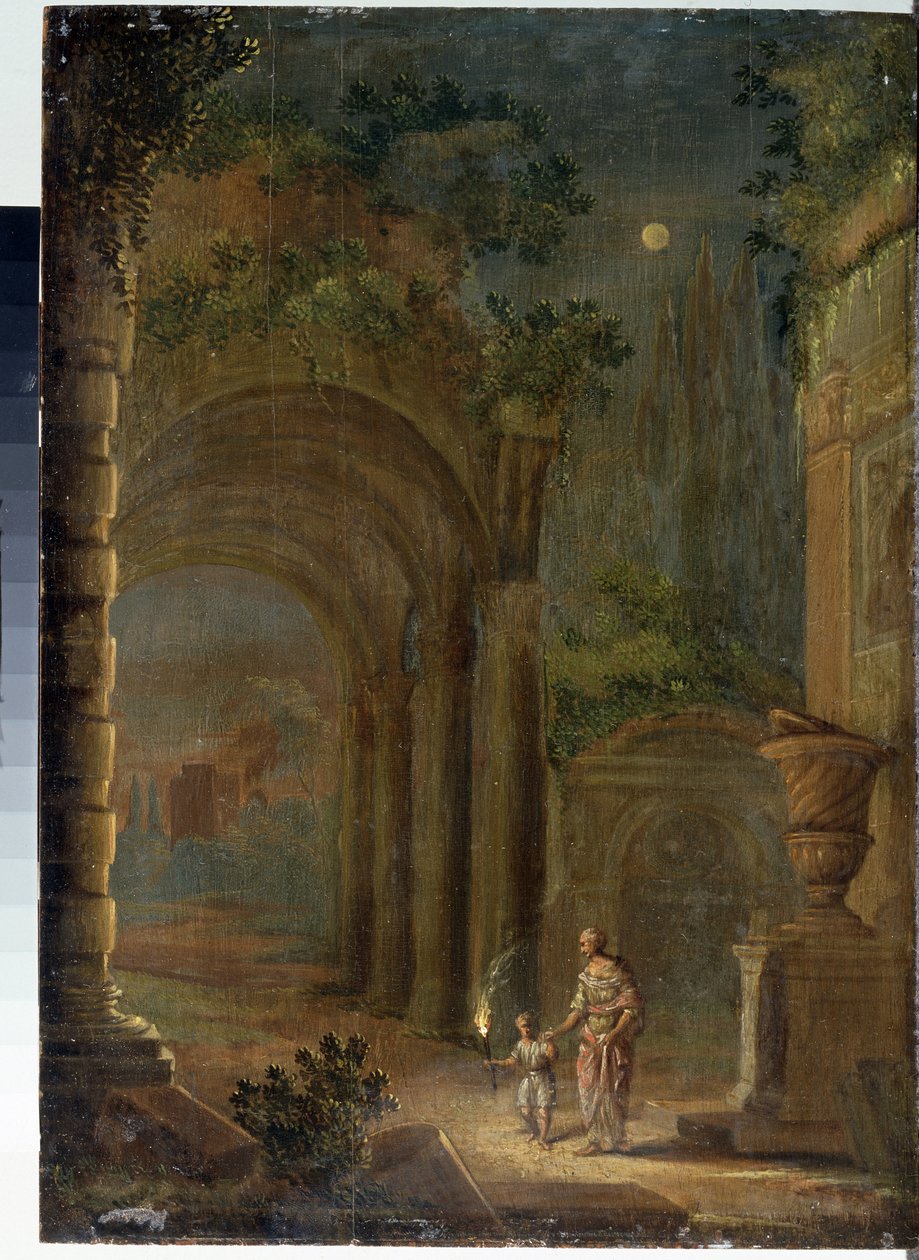 "Landscape of Ruins by Moonlight" Maleri av Adam Elsheimer (1578-1610) Statens friluftsmuseum Palace Gatchina, St. Petersburg, Russland av Adam Elsheimer