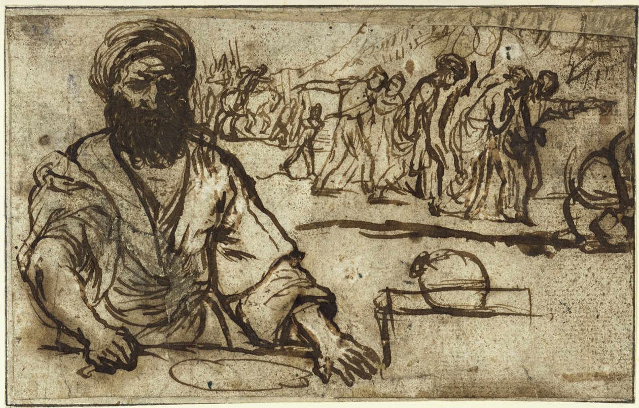 Sittende skjeggete mann, med et opptog av mennesker og ryttere i bakgrunnen av Adam Elsheimer
