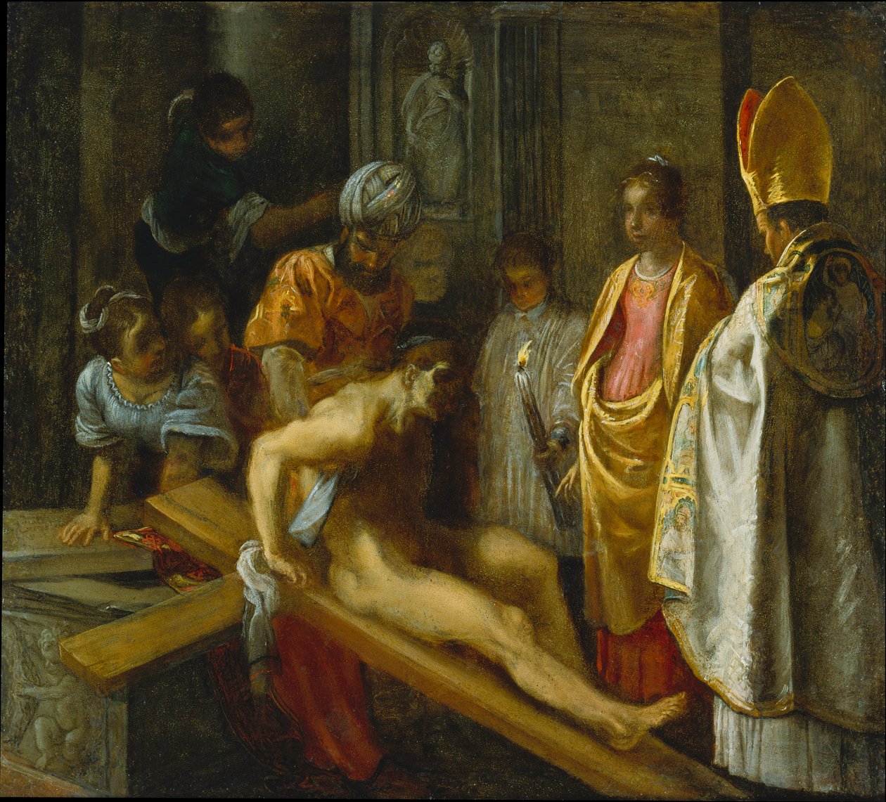 Frankfurt-altertavlen om Det sanne korsets opphøyelse: Prøvingen av korset (midt til høyre) av Adam Elsheimer