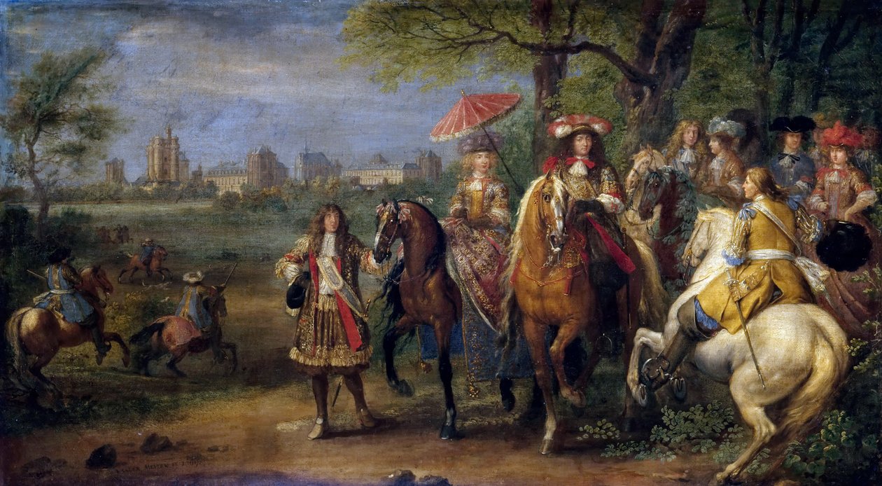 Chateau de Vincennes med Louis XIV og Marie Therese med deres hoff i 1669 av Adam Frans Meulen van der