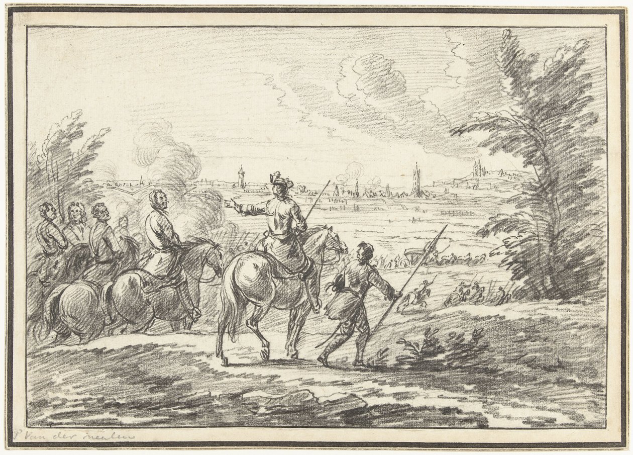 Ryttere på en høyde foran en by av Adam Frans van der Meulen (possibly)