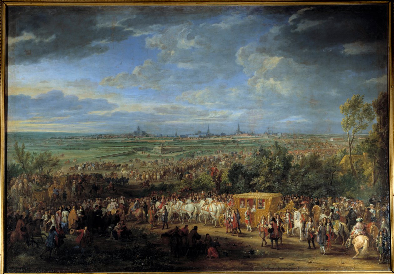 Mellom kong Louis XIV og dronning Marie Therese 30. juli 1667 i Arras”” Maleri av Adam Van Der Meulen (1632-1690) 1600-talls søn. 2,32 x 3,31 m av Adam Frans van der Meulen
