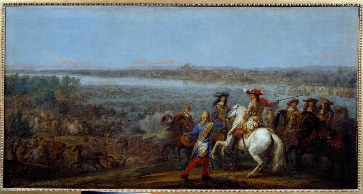 Holland-krigen: "" passasjen av Rhinen den 12.06.1672"" Hærene til kong Ludvig XIV (1638-1715) og Ludvig II av Bourbon, prins av Conde (Bourbon-Conde) (Grand Conde) (1621- 1686) passerer Rhinen til Tolhuis. Maleri av Adam Frans van der Meulen (1632-90) M av Adam Frans van der Meulen