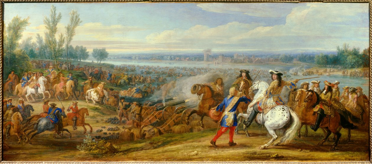 Holland-krigen: "" passasjen av Rhinen den 12.06.1672"" Hærene til kong Ludvig XIV (1638-1715) og Ludvig II av Bourbon, prins av Conde (Bourbon-Conde) (Grand Conde) (1621- 1686) passerer Rhinen til Tolhuis. Maleri av Adam Frans van der  av Adam Frans van der Meulen