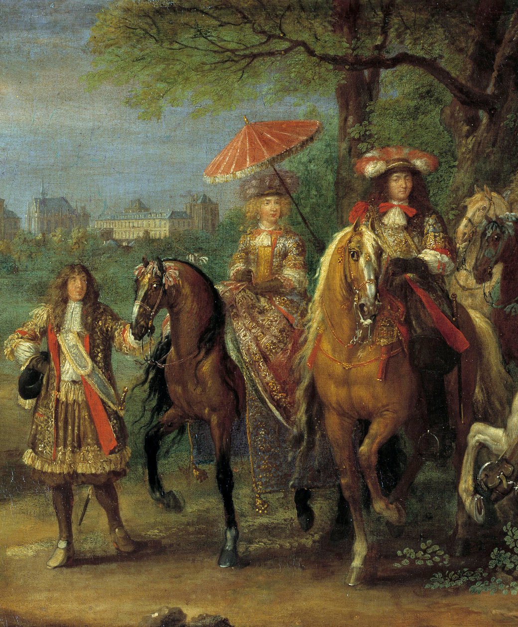 Kong Ludvig XIV (1638-1715) og dronning Marie-Therese av Østerrike (1638-1683) går foran slottet i Vincennes i 1669 detalj av maleriet av Adam Frans Van der Meulen (1632-1690) av Adam Frans van der Meulen