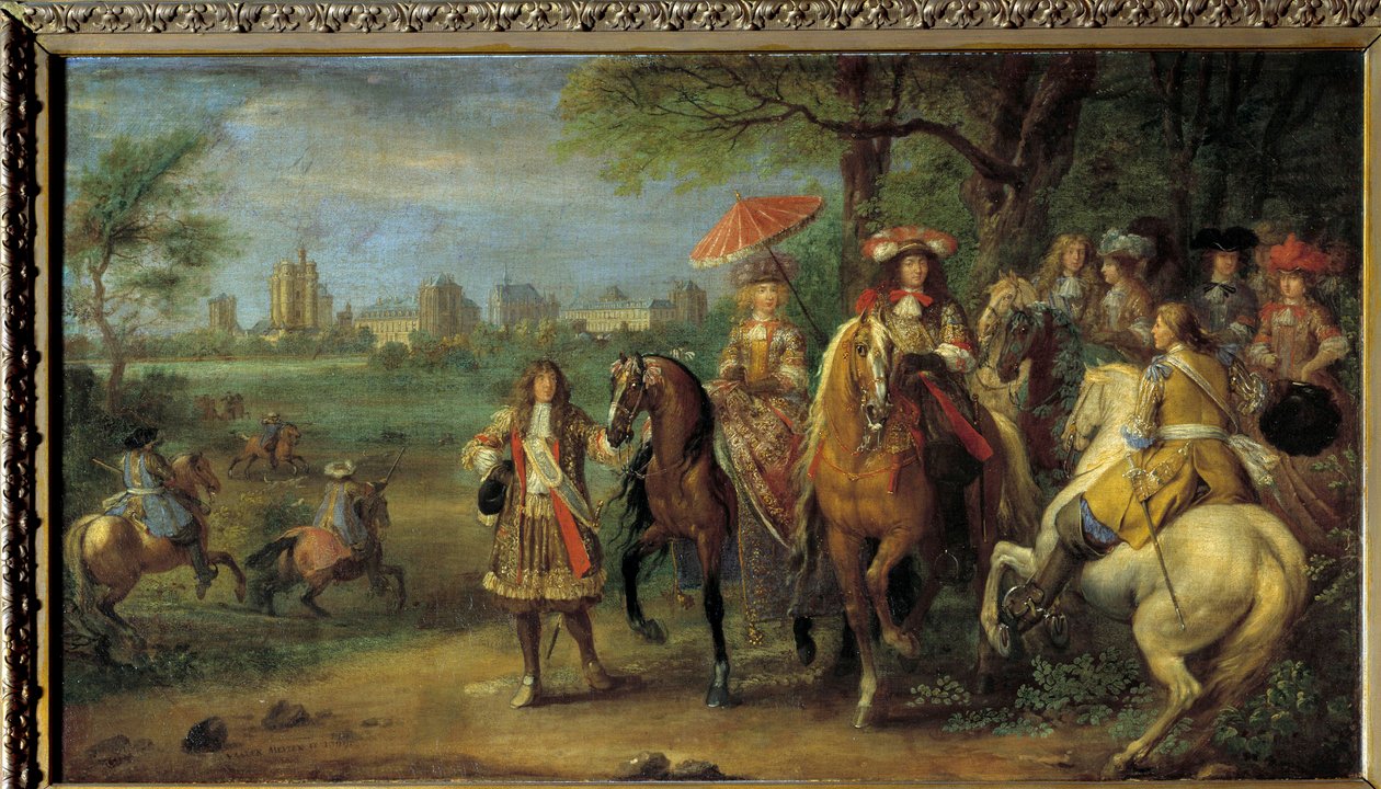 Kong Ludvig XIV (1638-1715) og dronning Marie-Therese av Østerrike (1638-1683) går foran slottet i Vincennes i 1669 Maleri av Adam Frans Van der Meulen (1632-1690) av Adam Frans van der Meulen