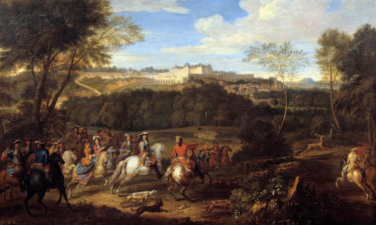 Kong Ludvig XIV (1638-1715) og hoffjakten i sikte av slottet Meudon Maleri fra skolen til Adam Frans Van der Meulen (1632-1690) 1600-tallet Søn. 0,77x1,27 av Adam Frans van der Meulen