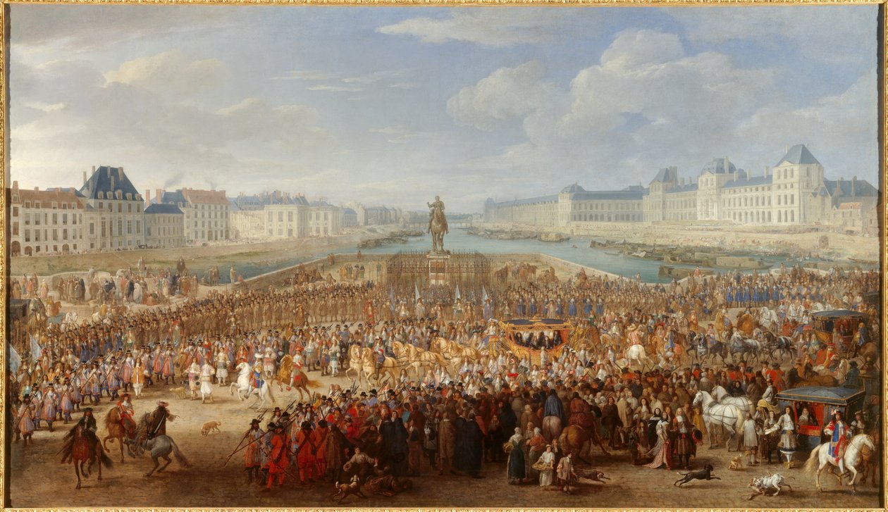 Kong Ludvig XIV (1638-1715) krysser Pont Neuf i sin vogn Maleri av Adam Van der Meulen (1632-1690) av Adam Frans van der Meulen
