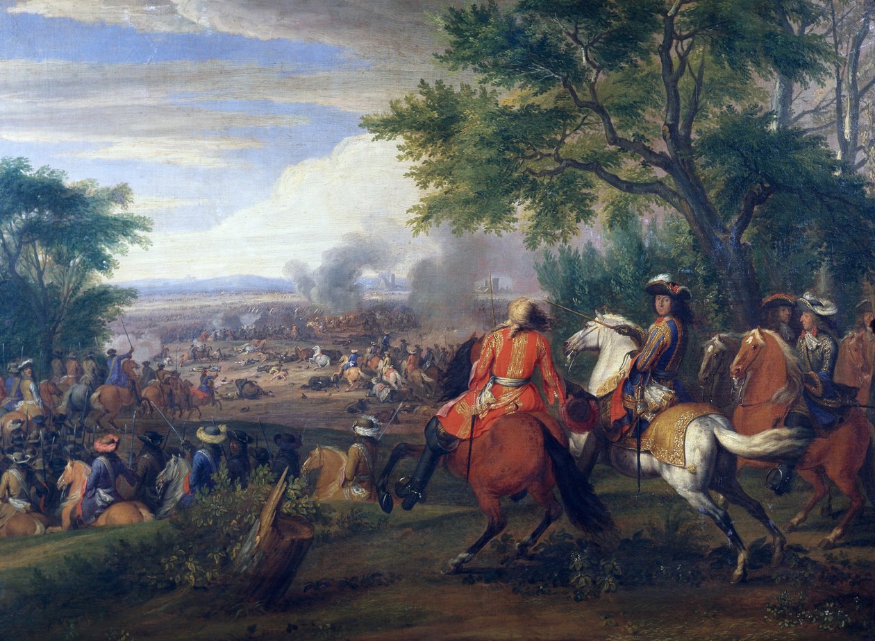 Kong Ludvig XIV ved nederlag av den spanske hæren nær Brugge-kanalen i 1667, maleri av Van der Meulen (1632-1690), Frankrike og Belgia av Adam Frans van der Meulen
