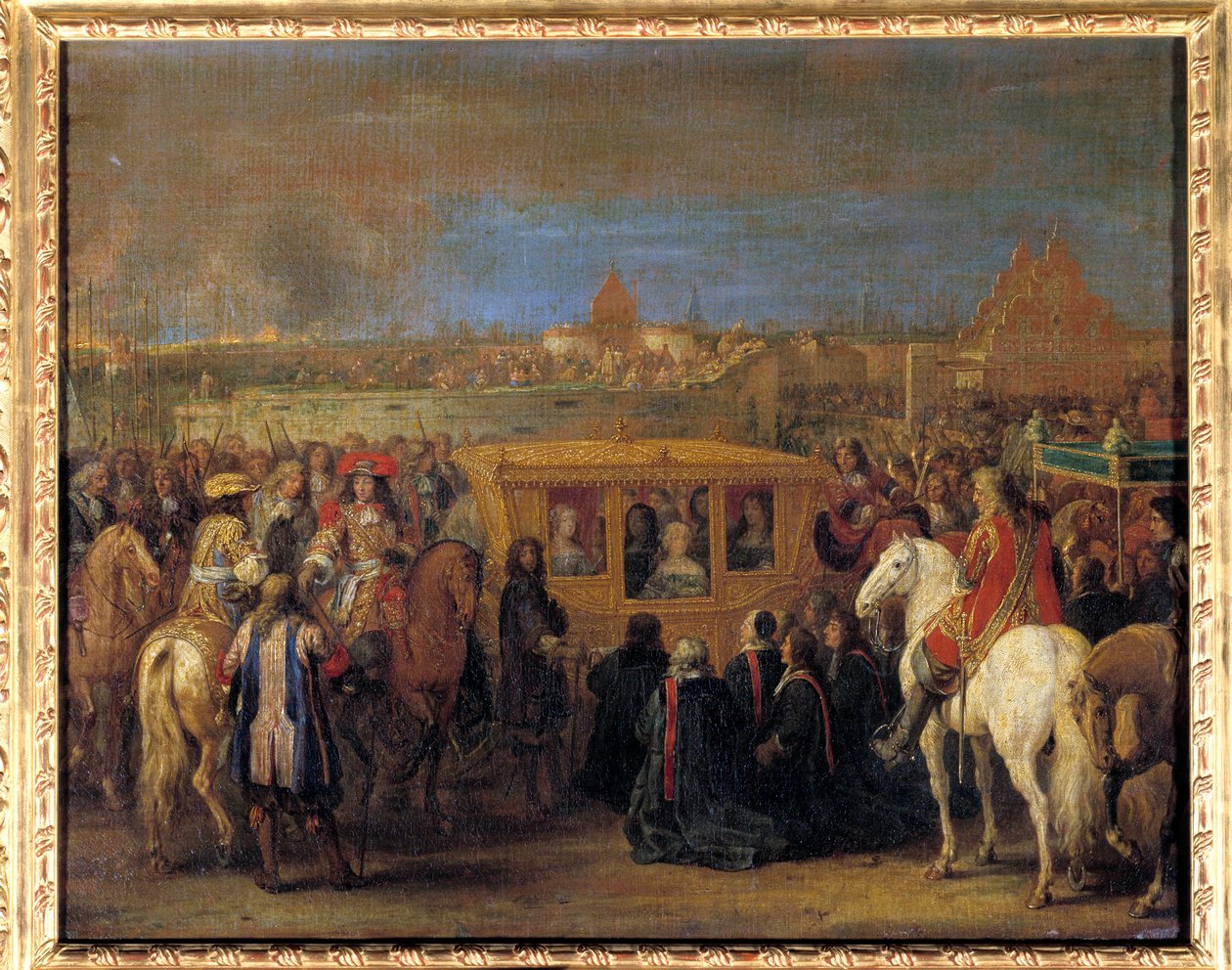 Høytidelig innreise av kong Ludvig XIV (1638-1715) og dronning Marie-Therese av Østerrike til Douai 23.08.1667 (dronningen i vognen hennes mottar hyllesten av byens dinginer som deres suzerain) Maleri av Adam Frans Van der Meulen (1632-1690). Omtrent 1667 av Adam Frans van der Meulen