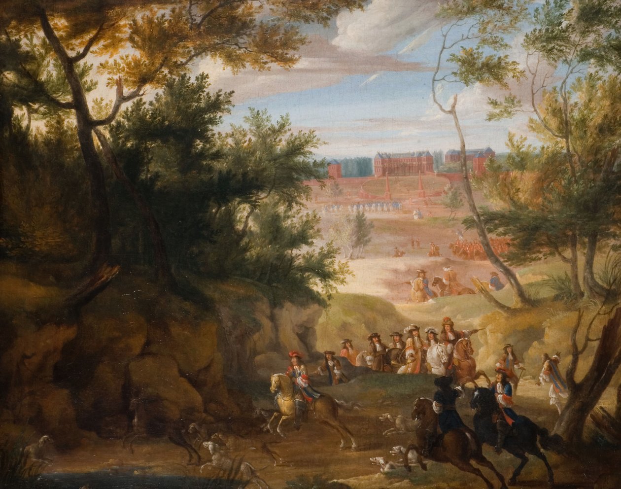 Utsikt over Versailles med Louis XIV og jegere, 1700. av Adam Frans van der Meulen