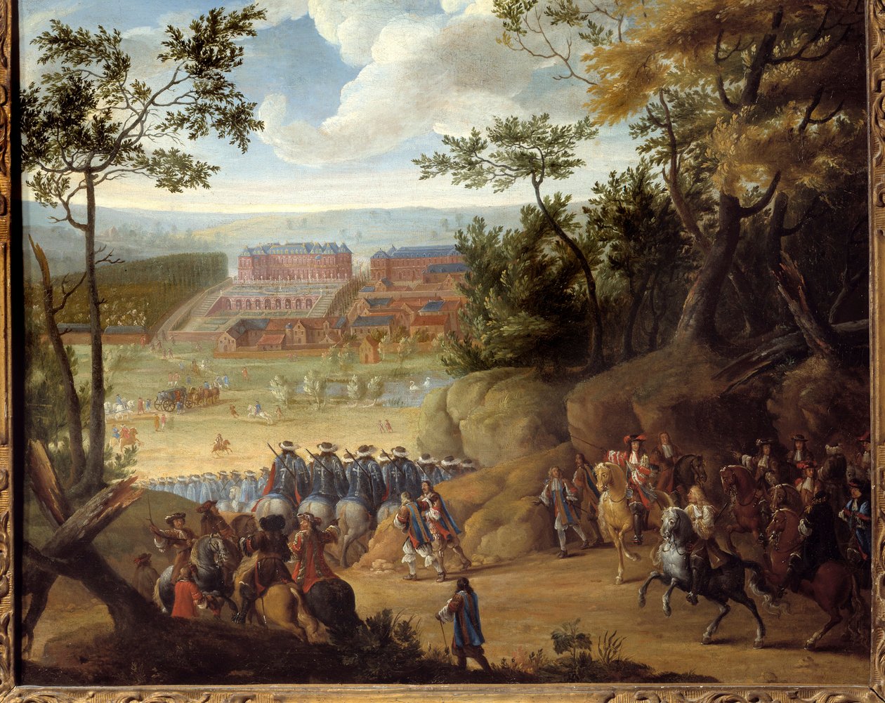 Utsikt over Versailles i 1664 med kongen av Frankrike Ludvig XIV (1638-1715) og et selskap med musketerer. Maleri av Adams Frans Van der Meulen (1632-1690) av Adam Frans van der Meulen