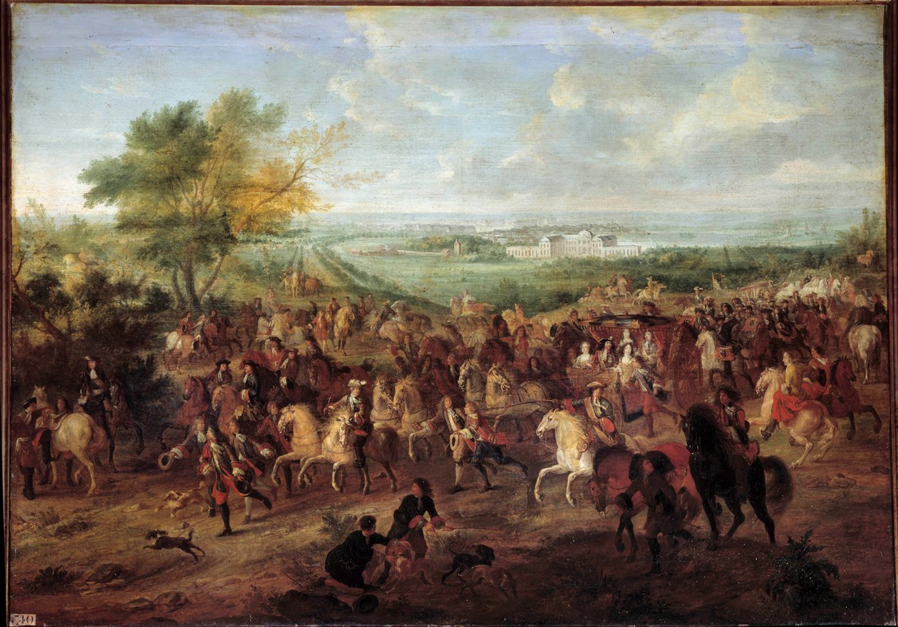 Gå med vogn av kong Louis XIV (1638-1715), dronning Marie Therese av Østerrike, Dauphin Louis og Dauphine foran slottet Clagny i Versailles Maleri av Adam van der Meulen (1632-1690) Rundt 1680 Søn. 1,4x1,9 av Adam Frans van der Meulen