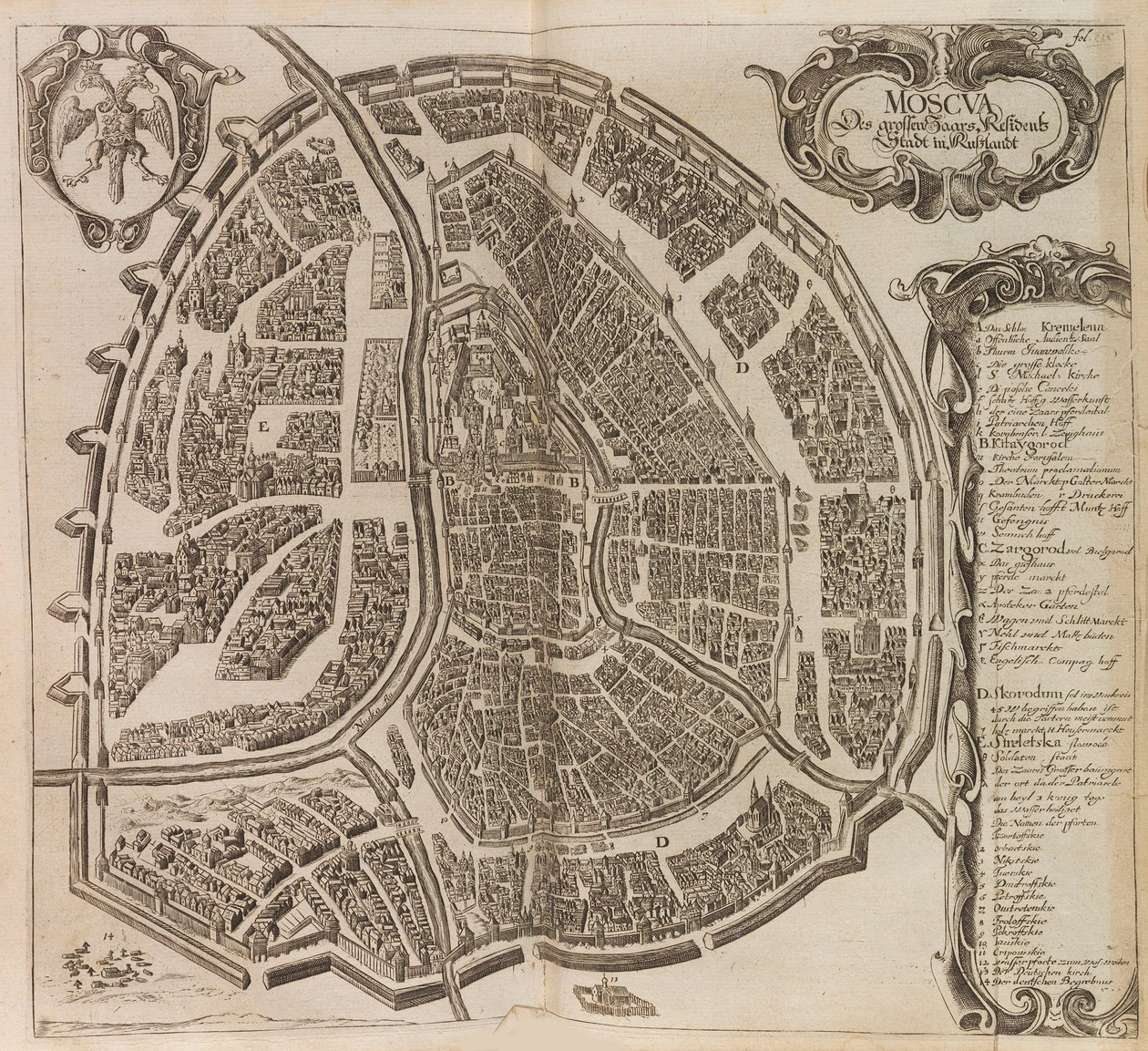Kart over Moskva. Fra: Økt Ny beskrivelse av muskovitten..., 1656. av Adam Olearius