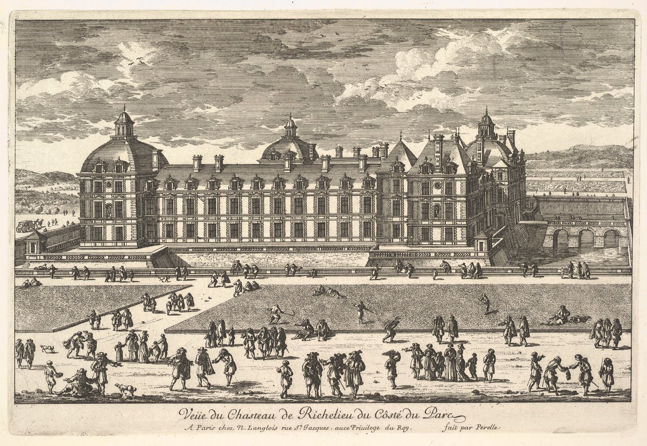 Utsikt over Château de Richelieu fra siden av parken, 1600-tallet. av Adam Perelle