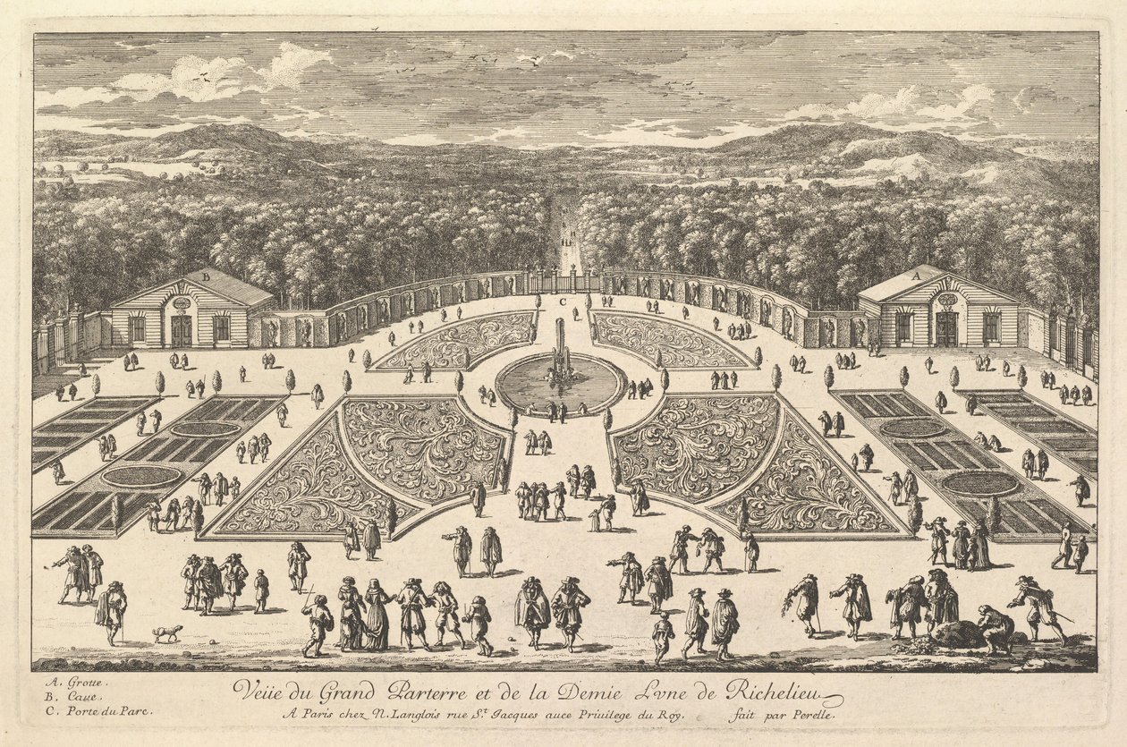 Utsikt over Grand Parterre og Halvmånen til Richelieu, 1600-tallet. av Adam Perelle