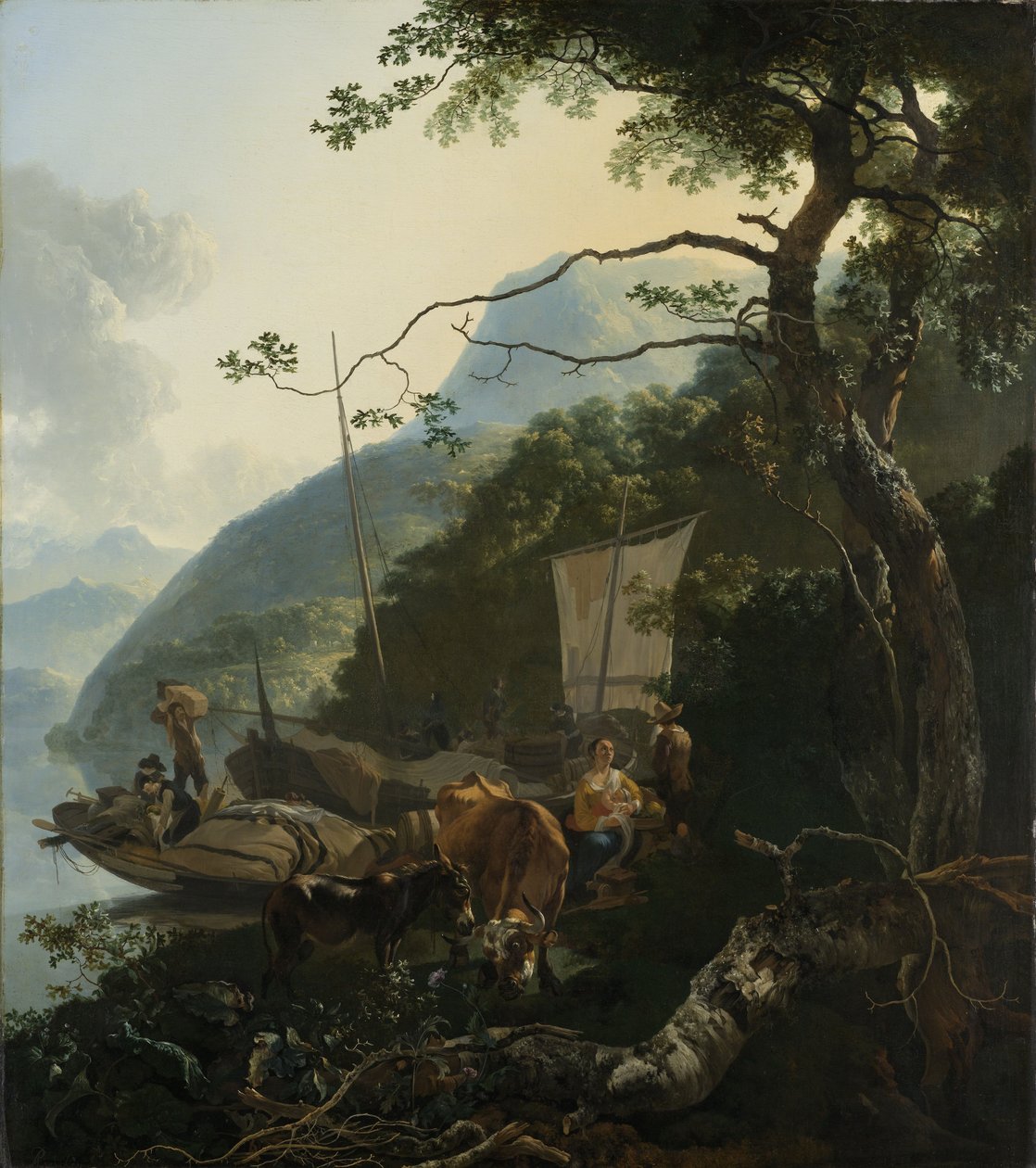 Båtmenn fortøyd ved bredden av en italiensk innsjø, 1650-70 av Adam Pynacker