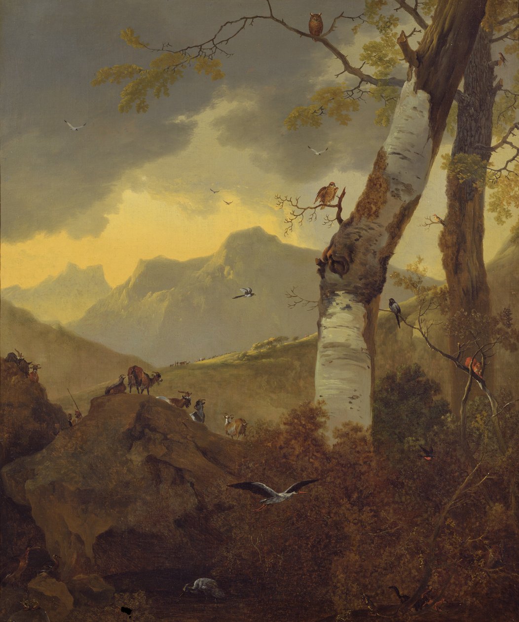 Fjelllandskap med geiter og fugler, ca. 1657 av Adam Pynacker