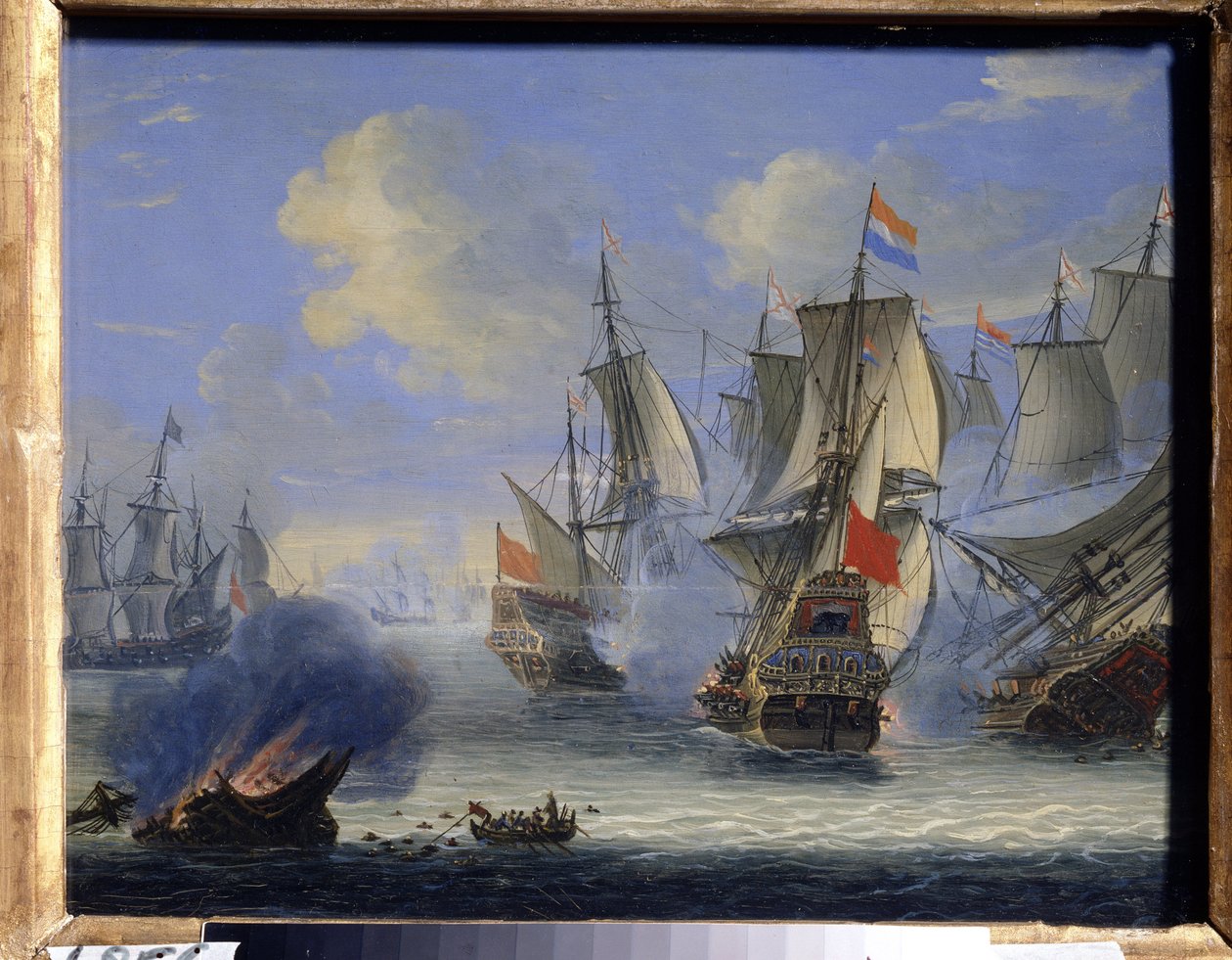 Sjøslag (Et sjøslag). Maleri av Adam Silo (1674-1757). Olje på lerret, 25 x 33,5 cm. Nederlandsk kunst, barokkkunst. Statens kunstmuseum, Tula (eller Tolan). av Adam Silo