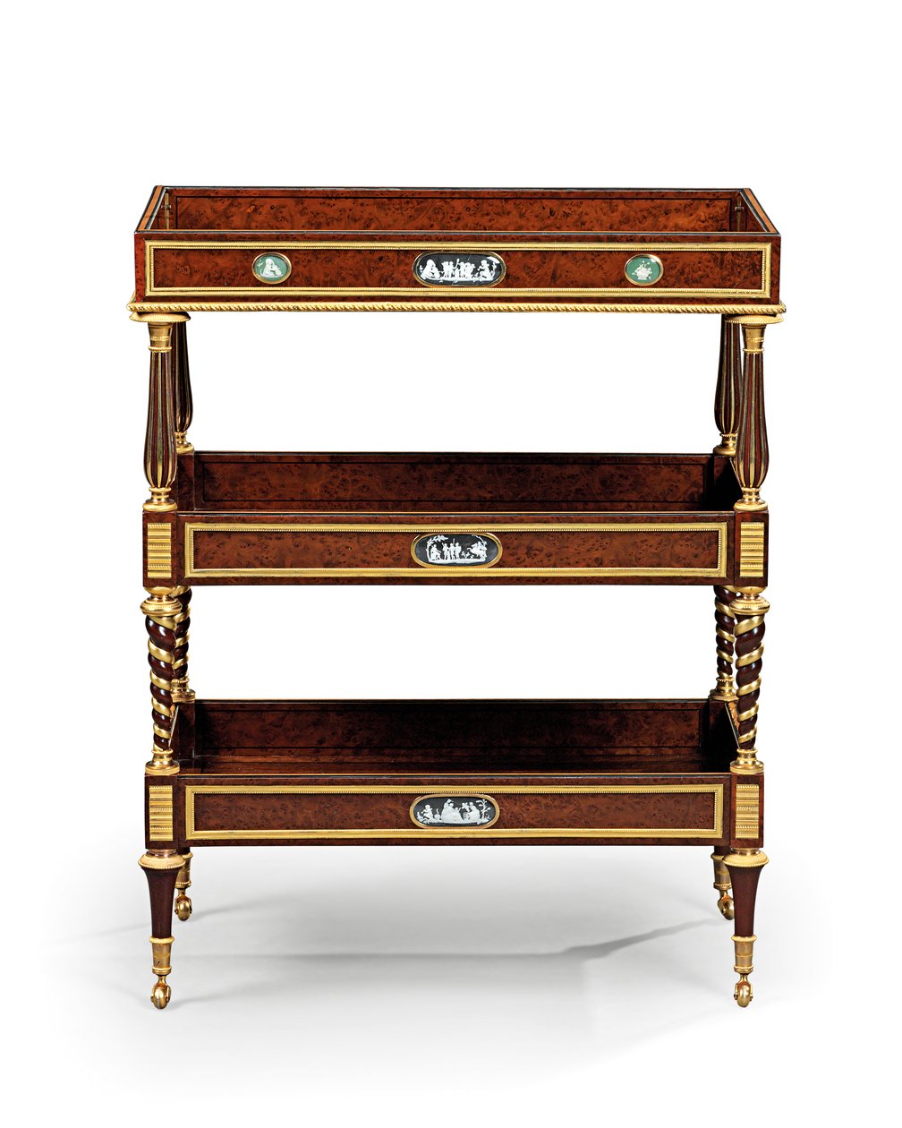 Sen Louis XVI ormolu og cameo-montert burr barlind tre og mahogni bord travailleuse (ormolu, barlind og mahogni) av Adam Weisweiler