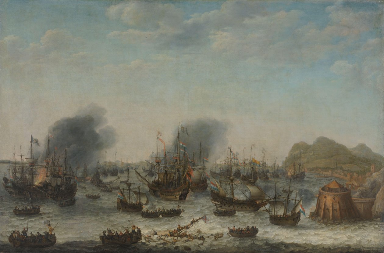 Înfrângerea spaniolului la Gibraltar de către o flotă olandeză sub comanda amiralului Jacob van Heemskerck, 25 aprilie 1607 norvegian av Adam Willaerts (signed by artist)
